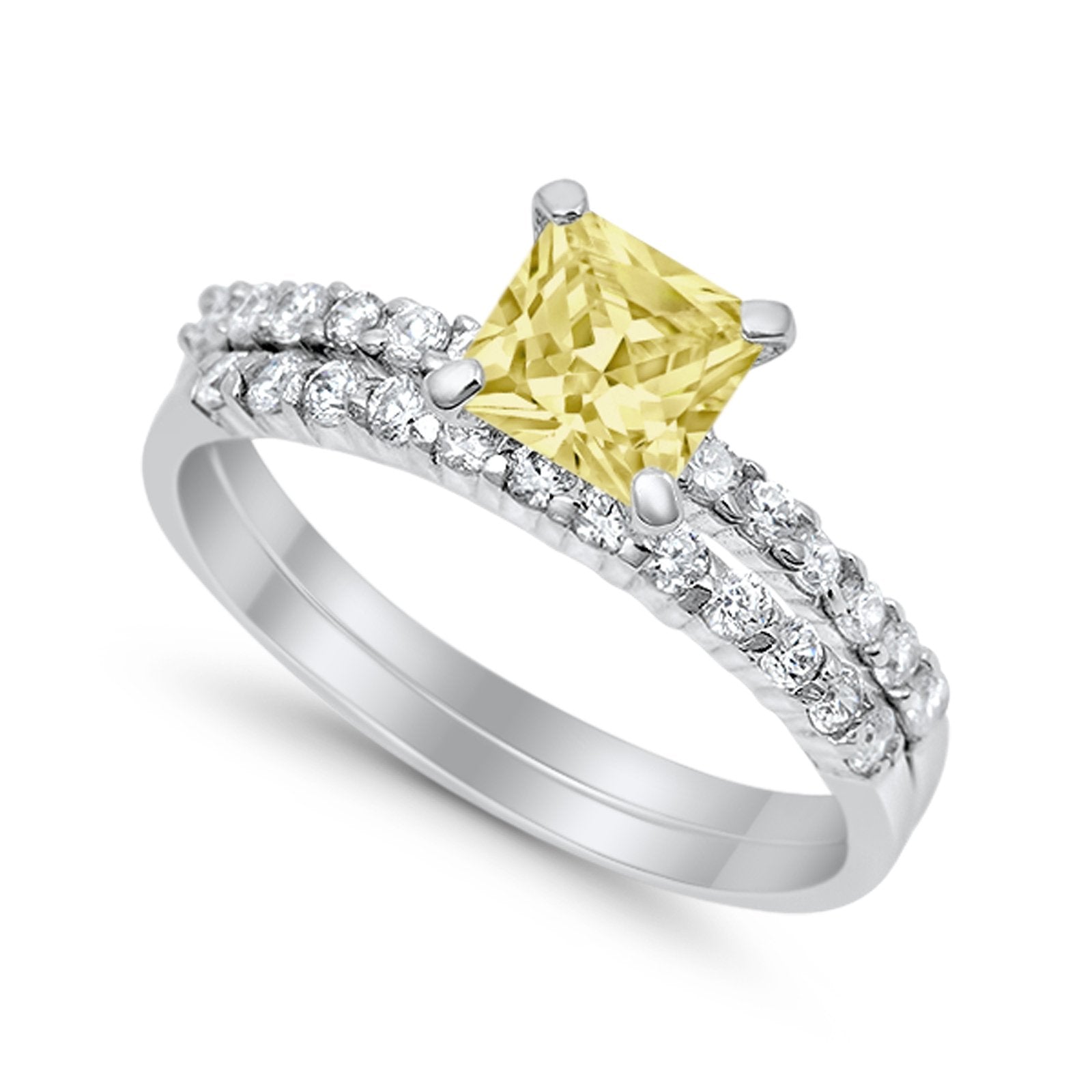 Bridal Set Princess Cut Simulated Cubic Zirconia 925 Sterling Silver Engagement Ring