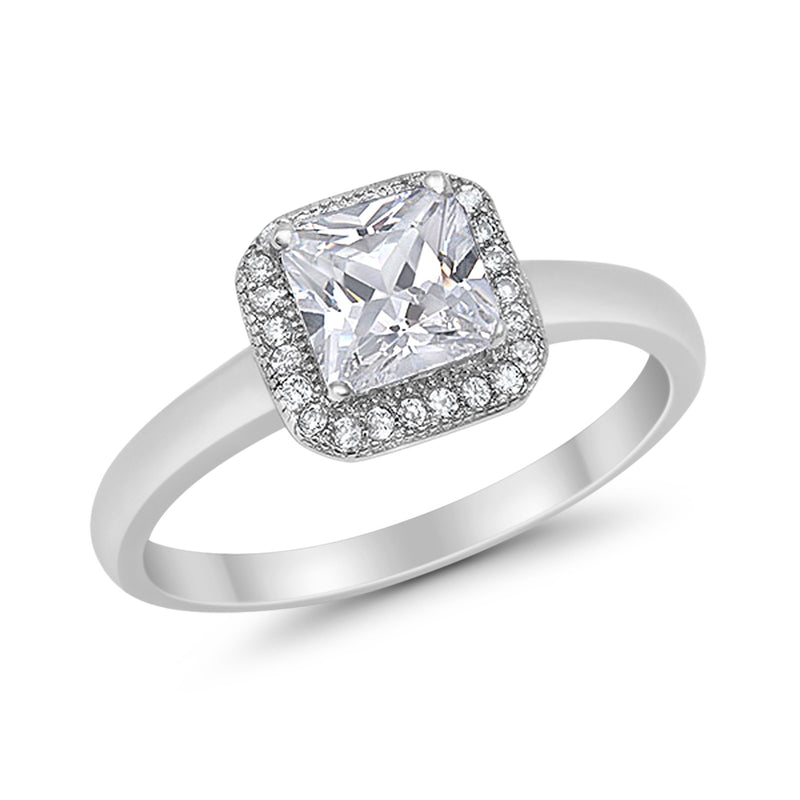 Halo Engagement Ring Simulated Cubic Zirconia 925 Sterling Silver