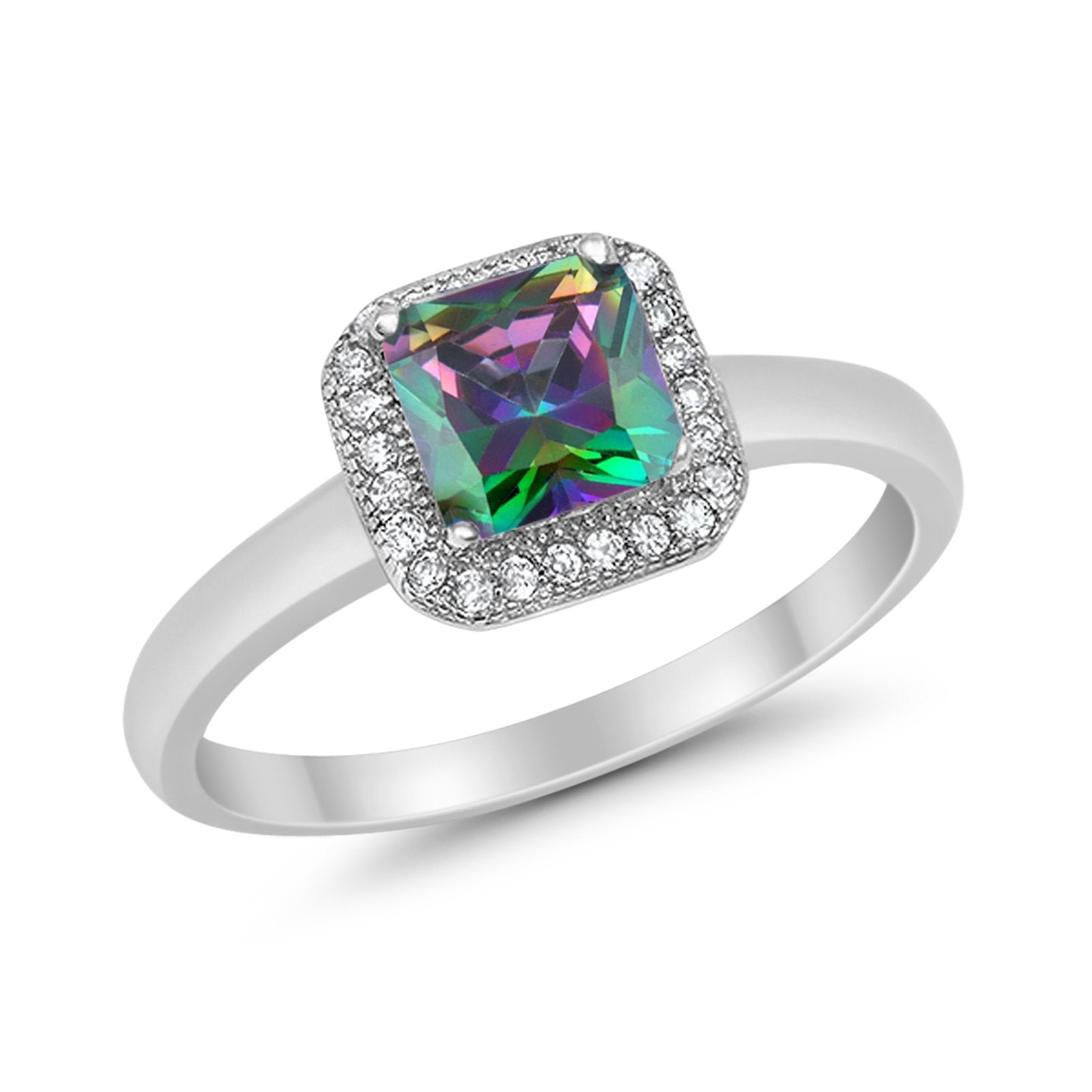 Halo Engagement Ring Simulated Cubic Zirconia 925 Sterling Silver
