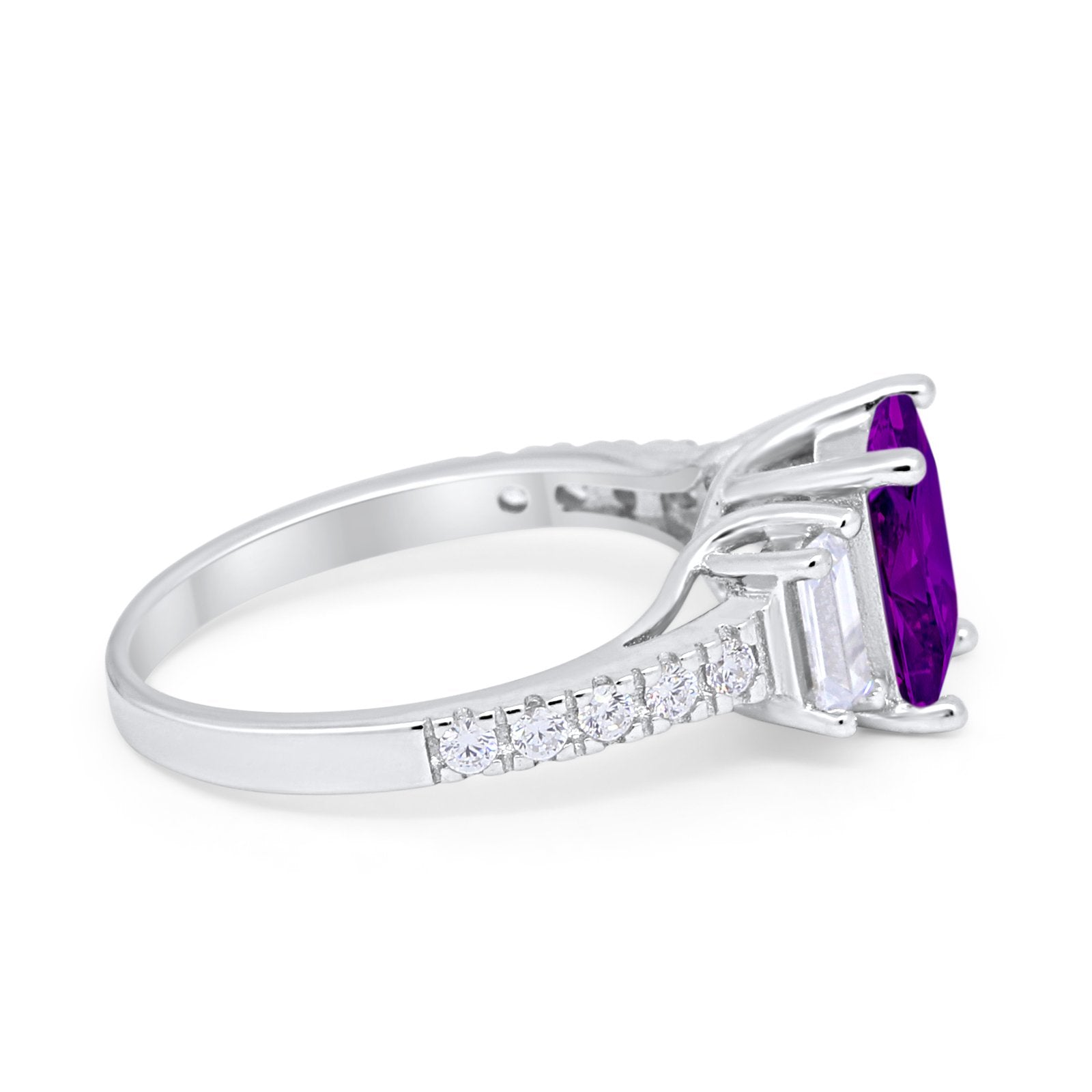 Emerald Cut Engagement Ring Round Simulated Cubic Zirconia 925 Sterling Silver