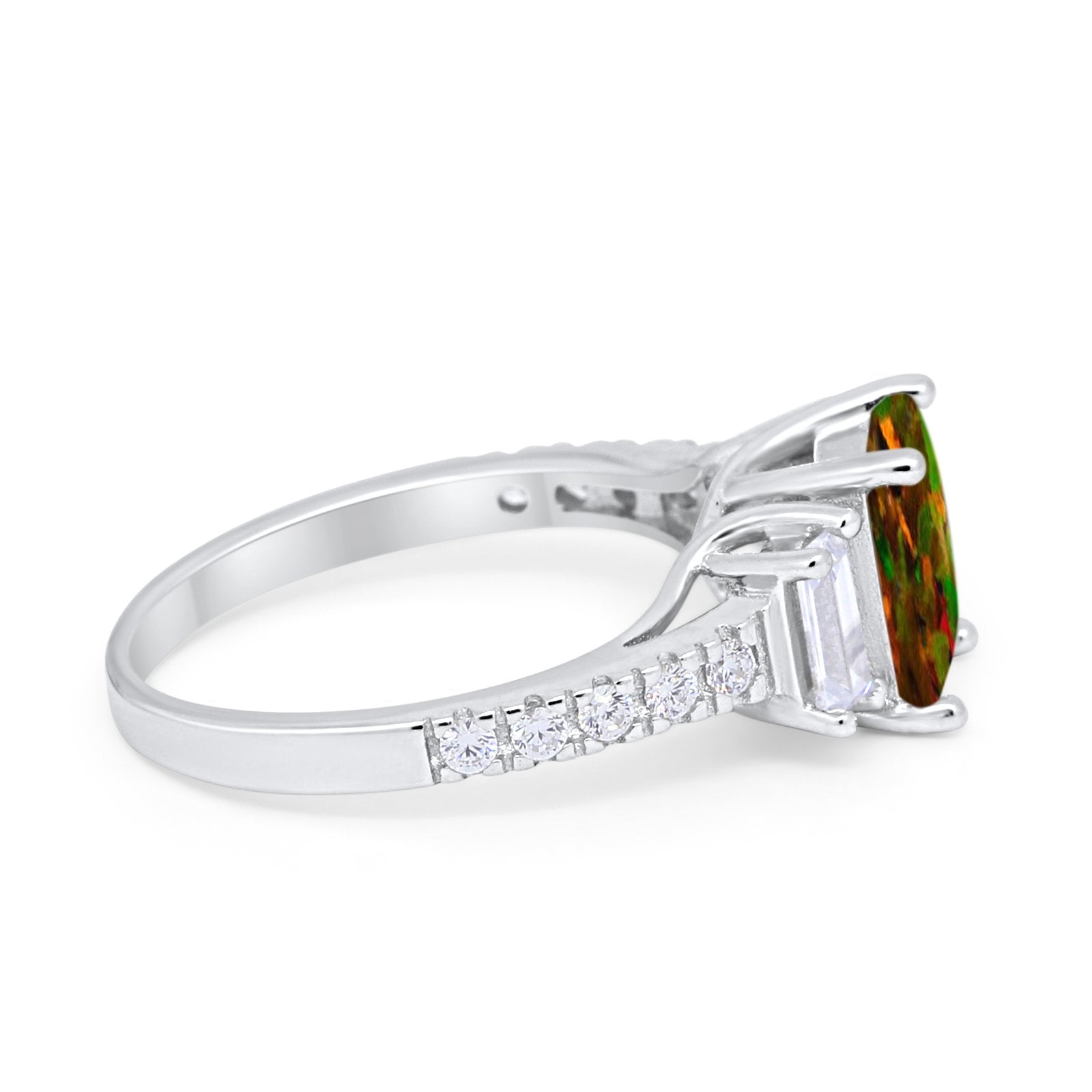Emerald Cut Engagement Ring Round Simulated Cubic Zirconia 925 Sterling Silver
