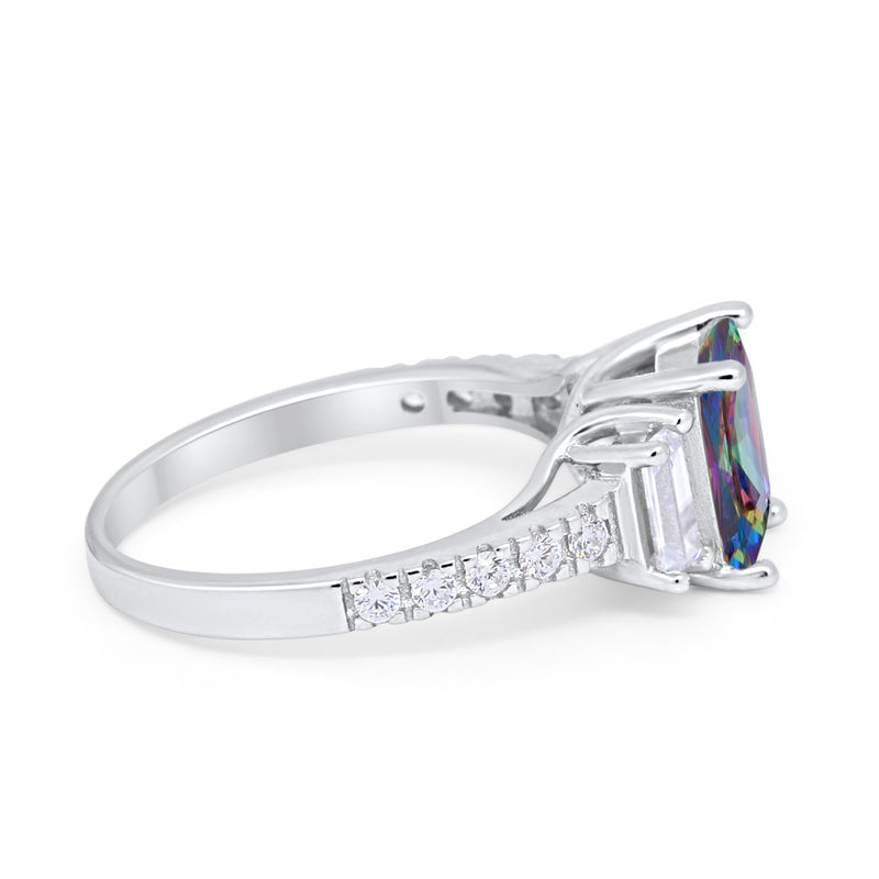 Emerald Cut Engagement Ring Round Simulated Cubic Zirconia 925 Sterling Silver