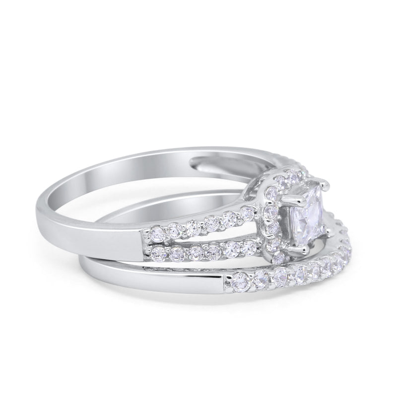 Halo Two Piece Engagement Ring Simulated Cubic Zirconia 925 Sterling Silver