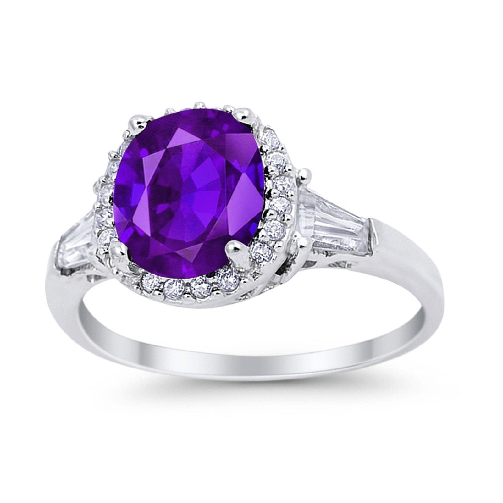 Halo Engagement Ring Baguette Simulated Cubic Zirconia 925 Sterling Silver