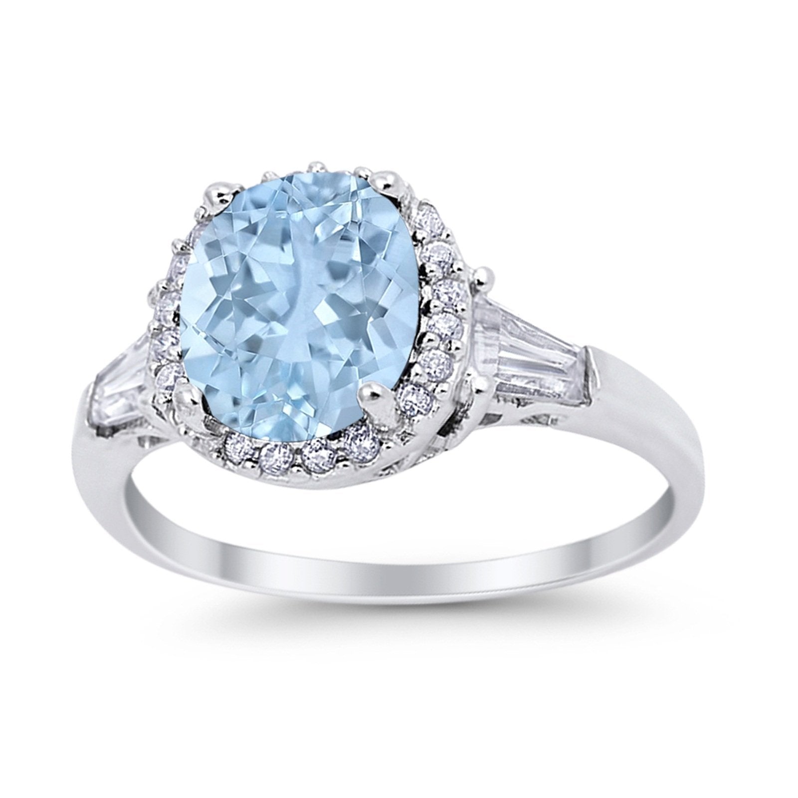 Halo Engagement Ring Baguette Simulated Cubic Zirconia 925 Sterling Silver