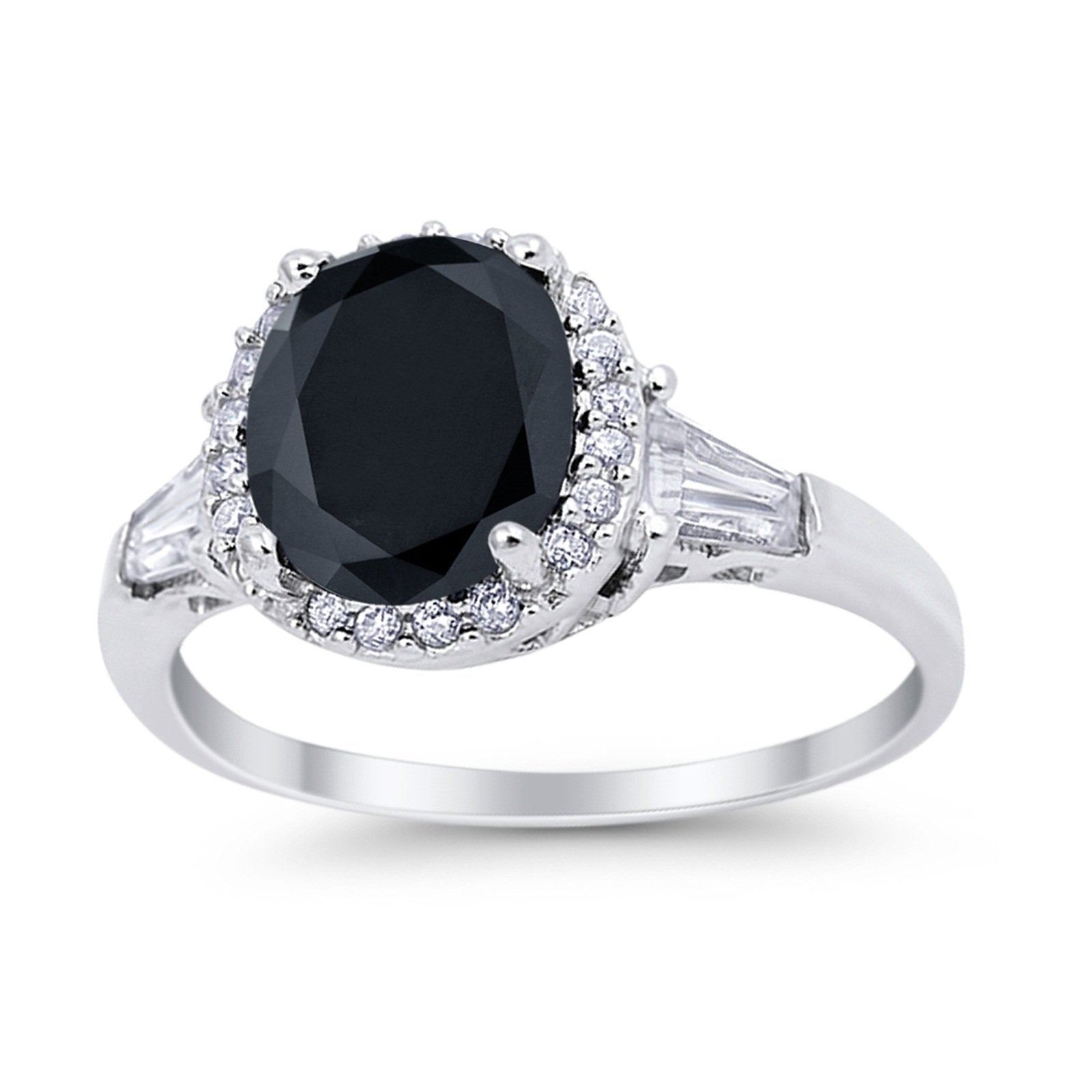 Halo Engagement Ring Baguette Simulated Cubic Zirconia 925 Sterling Silver