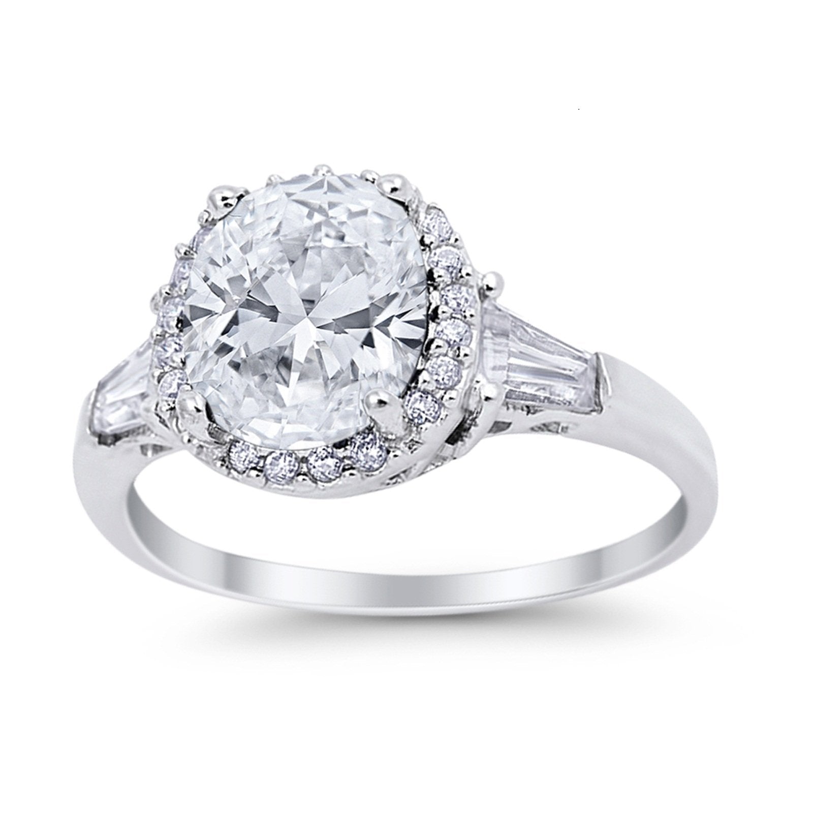 Halo Engagement Ring Baguette Simulated Cubic Zirconia 925 Sterling Silver