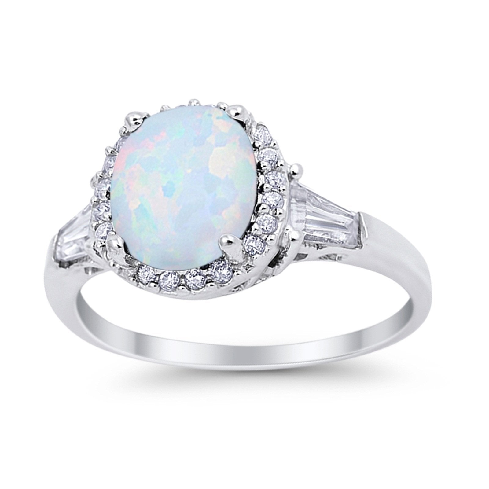 Halo Engagement Ring Baguette Simulated Cubic Zirconia 925 Sterling Silver