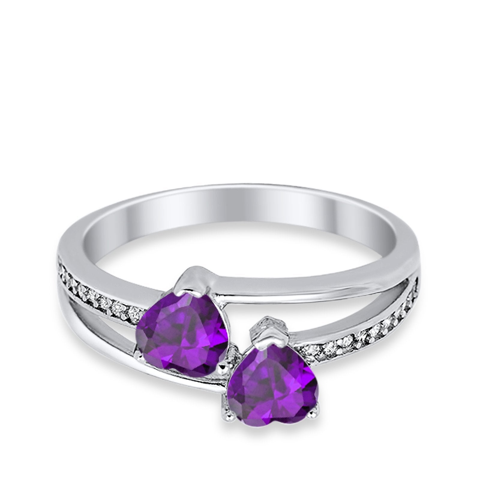 Double Heart Promise Ring Round Simulated Cubic Zirconia 925 Sterling Silver