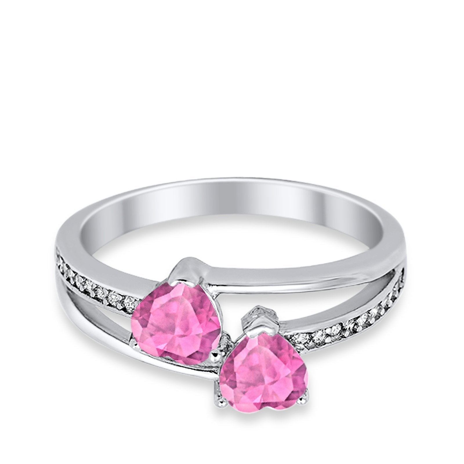 Double Heart Promise Ring Round Simulated Cubic Zirconia 925 Sterling Silver