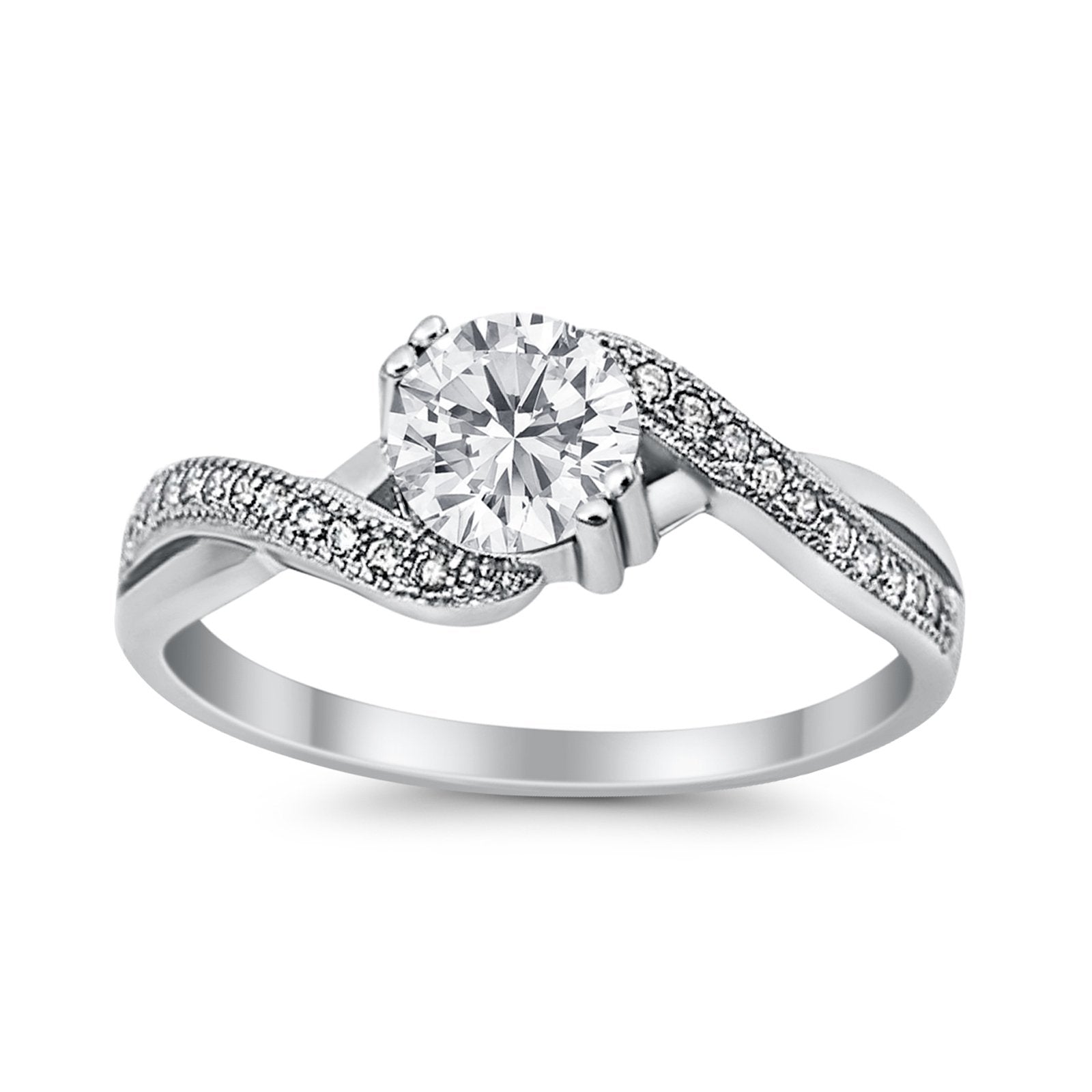 Crisscross Wedding Ring Round Simulated Cubic Zirconia 925 Sterling Silver