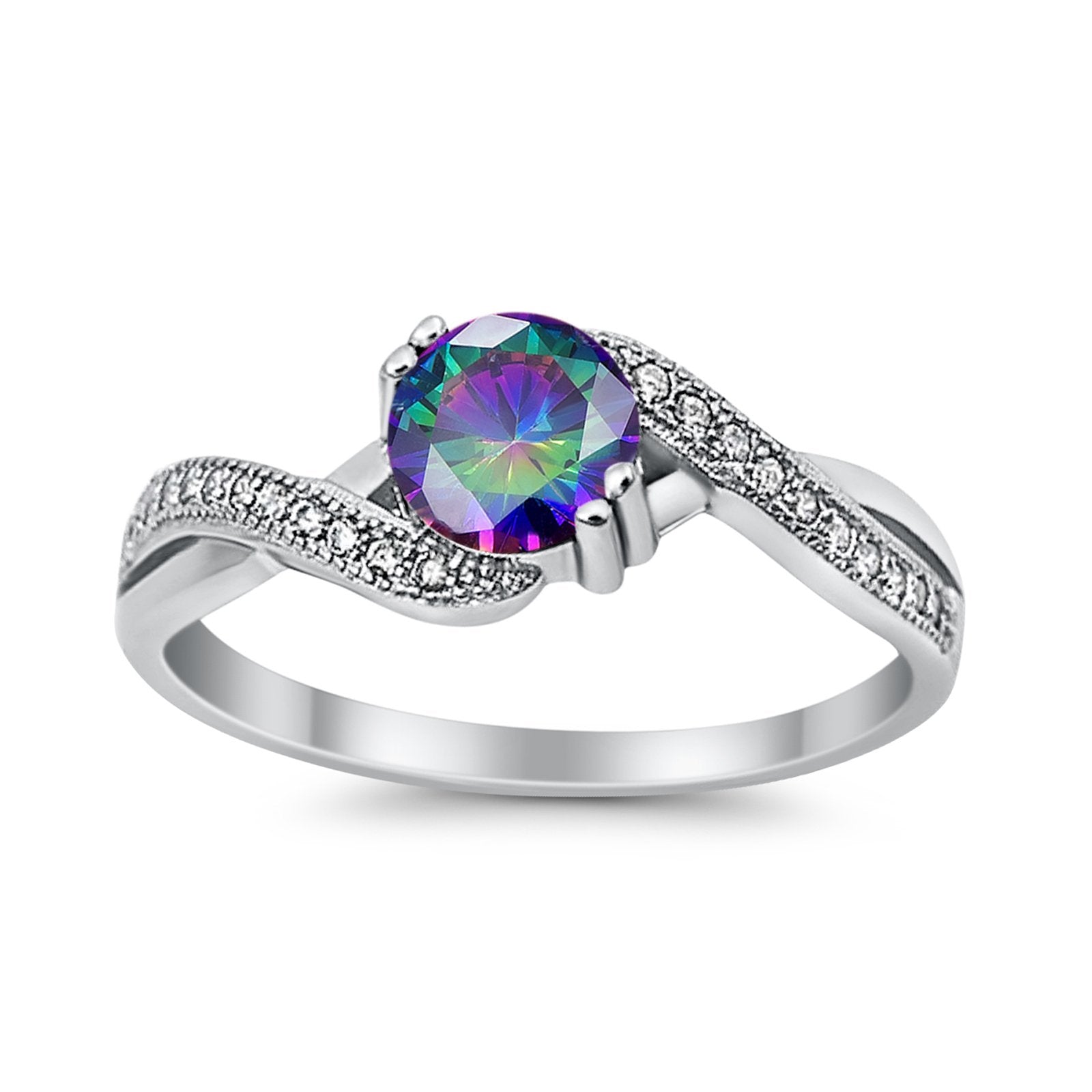 Crisscross Wedding Ring Round Simulated Cubic Zirconia 925 Sterling Silver