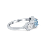 Halo Three Stone Wedding Ring Round Simulated Cubic Zirconia 925 Sterling Silver