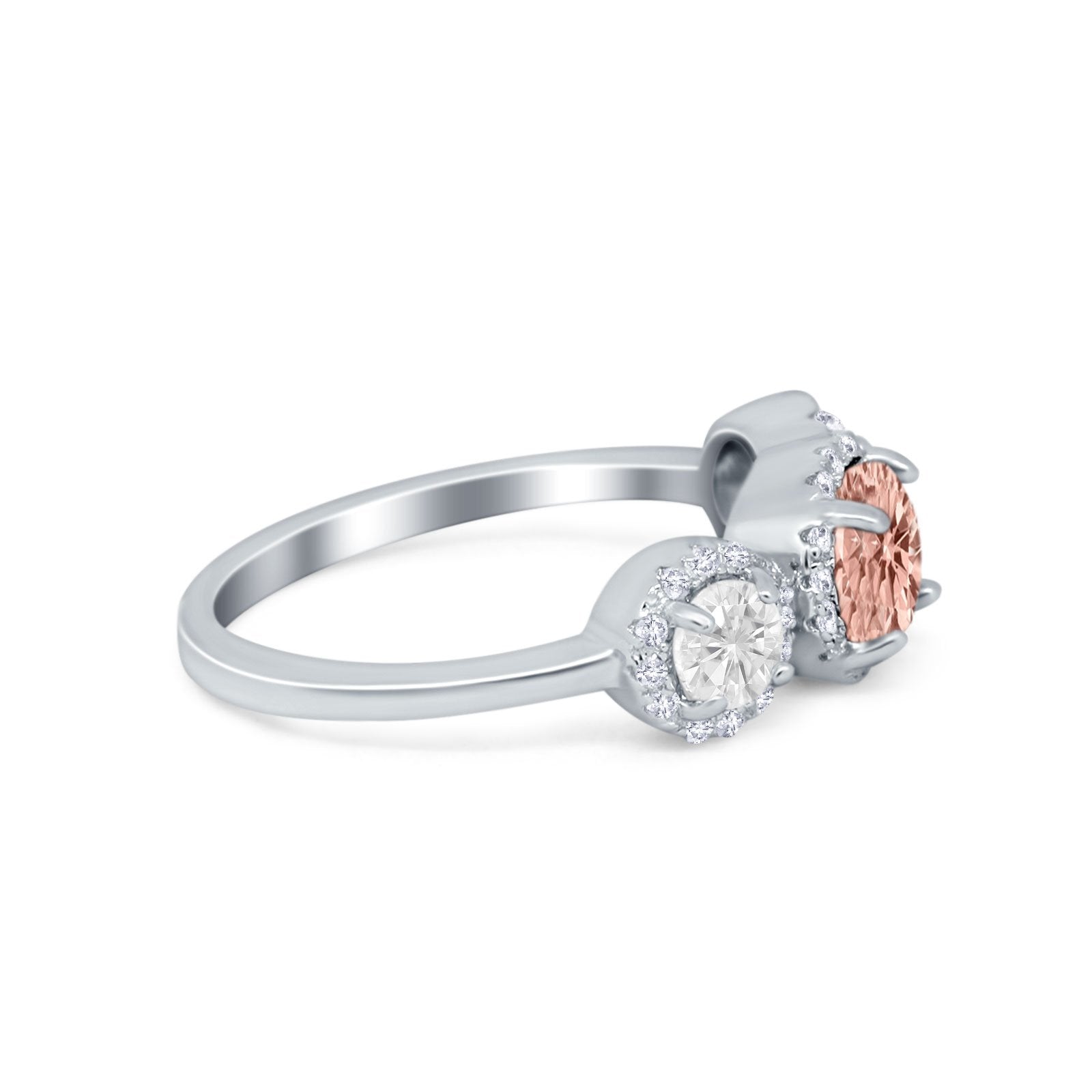 Halo Three Stone Wedding Ring Round Simulated Cubic Zirconia 925 Sterling Silver