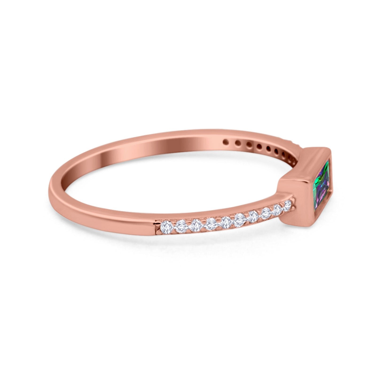 Accent Ring Emerald Cut Round Simulated Cubic Zirconia 925 Sterling Silver