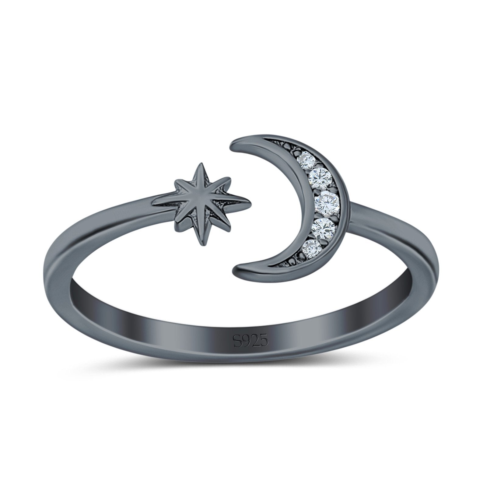 Moon & Star Wedding Band Ring Round Simulated Cubic Zirconia 925 Sterling Silver
