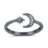 Moon & Star Wedding Band Ring Round Simulated Cubic Zirconia 925 Sterling Silver