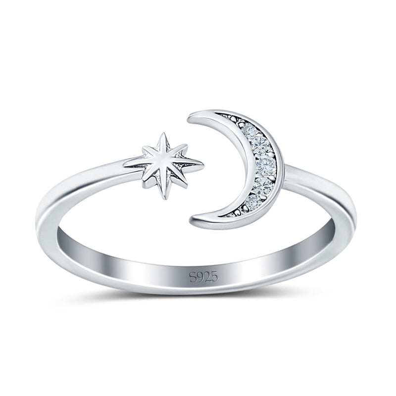 Moon & Star Wedding Band Ring Round Simulated Cubic Zirconia 925 Sterling Silver
