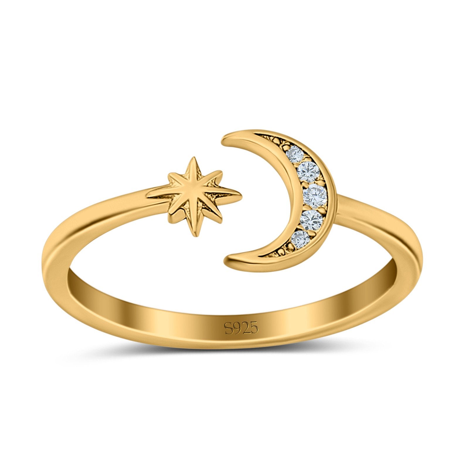 Moon & Star Wedding Band Ring Round Simulated Cubic Zirconia 925 Sterling Silver