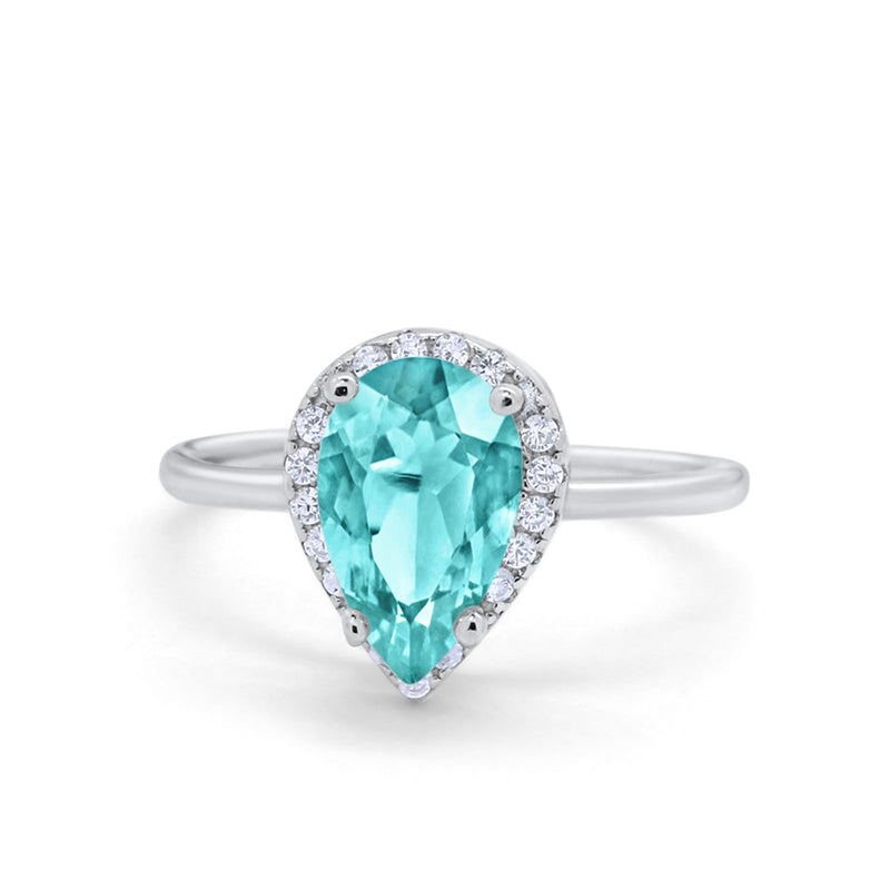 Halo Teardrop Pear Engagement Ring Simulated Cubic Zirconia 925 Sterling Silver