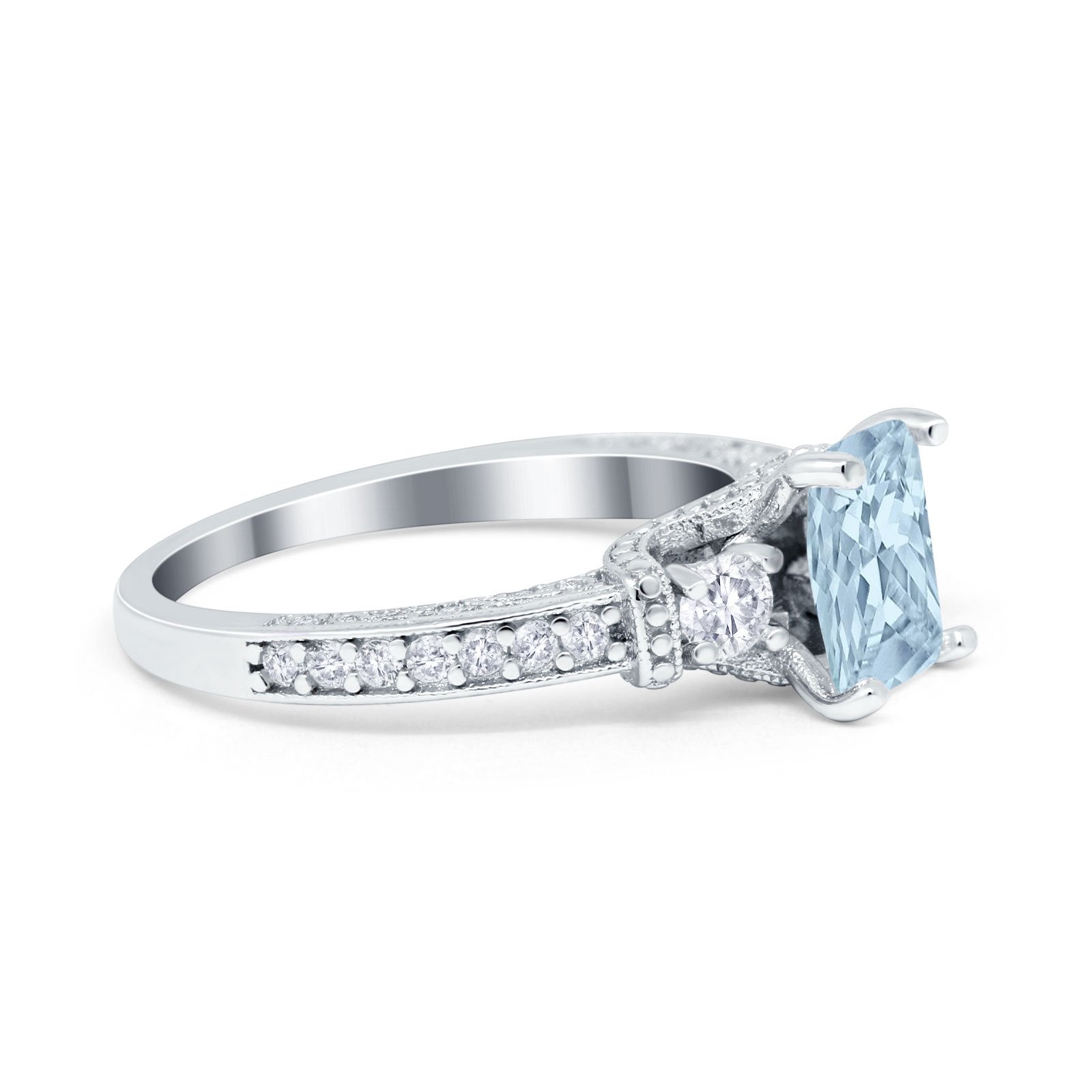 Three Stone Engagement Ring Radiant Simulated Cubic Zirconia 925 Sterling Silver