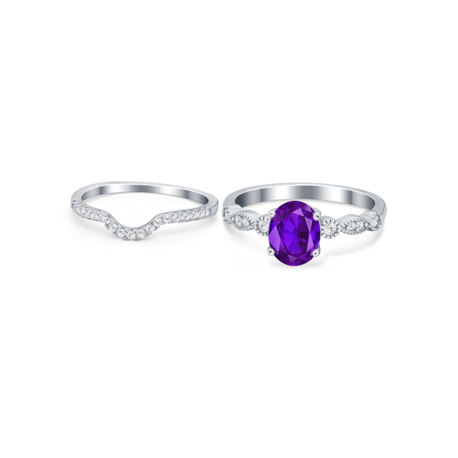 Two Piece Wedding Ring Band Round Simulated Cubic Zirconia 925 Sterling Silver