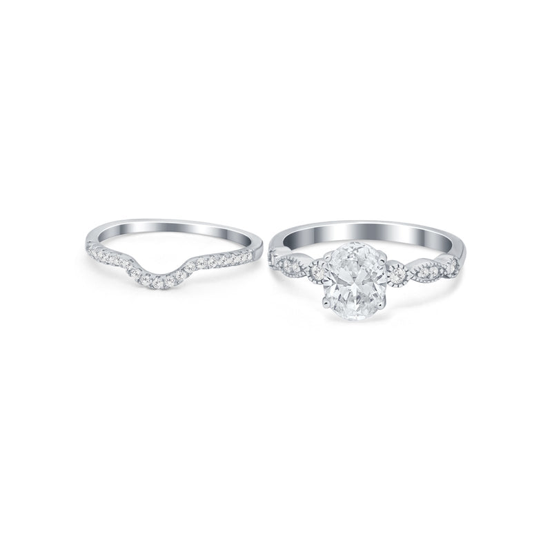 Two Piece Wedding Ring Band Round Simulated Cubic Zirconia 925 Sterling Silver