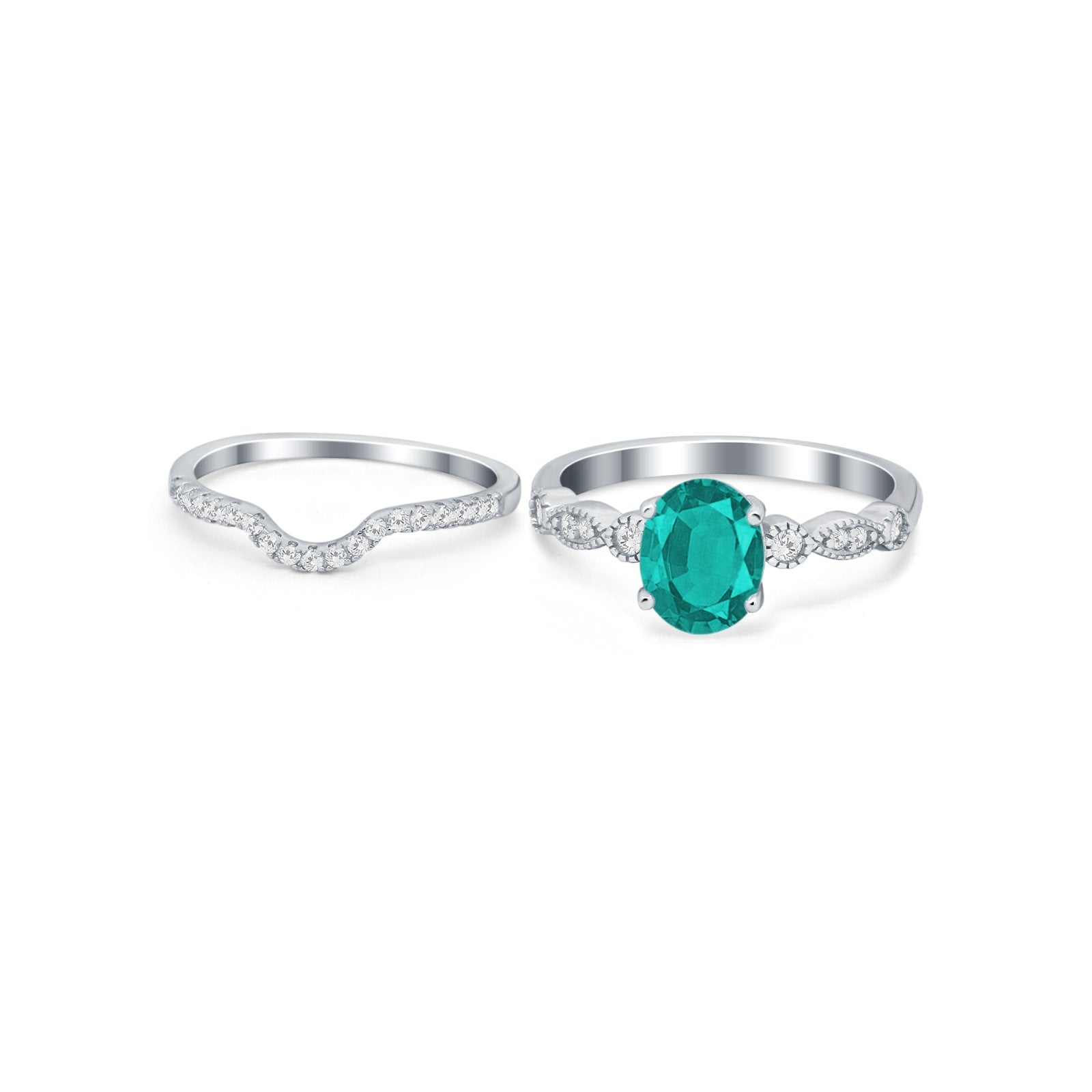 Two Piece Wedding Ring Band Round Simulated Cubic Zirconia 925 Sterling Silver