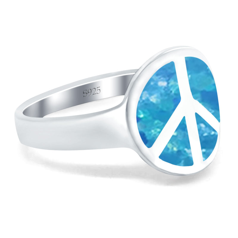 Peace Sign Ring Inlay Round Lab Created Opal 925 Sterling Silver