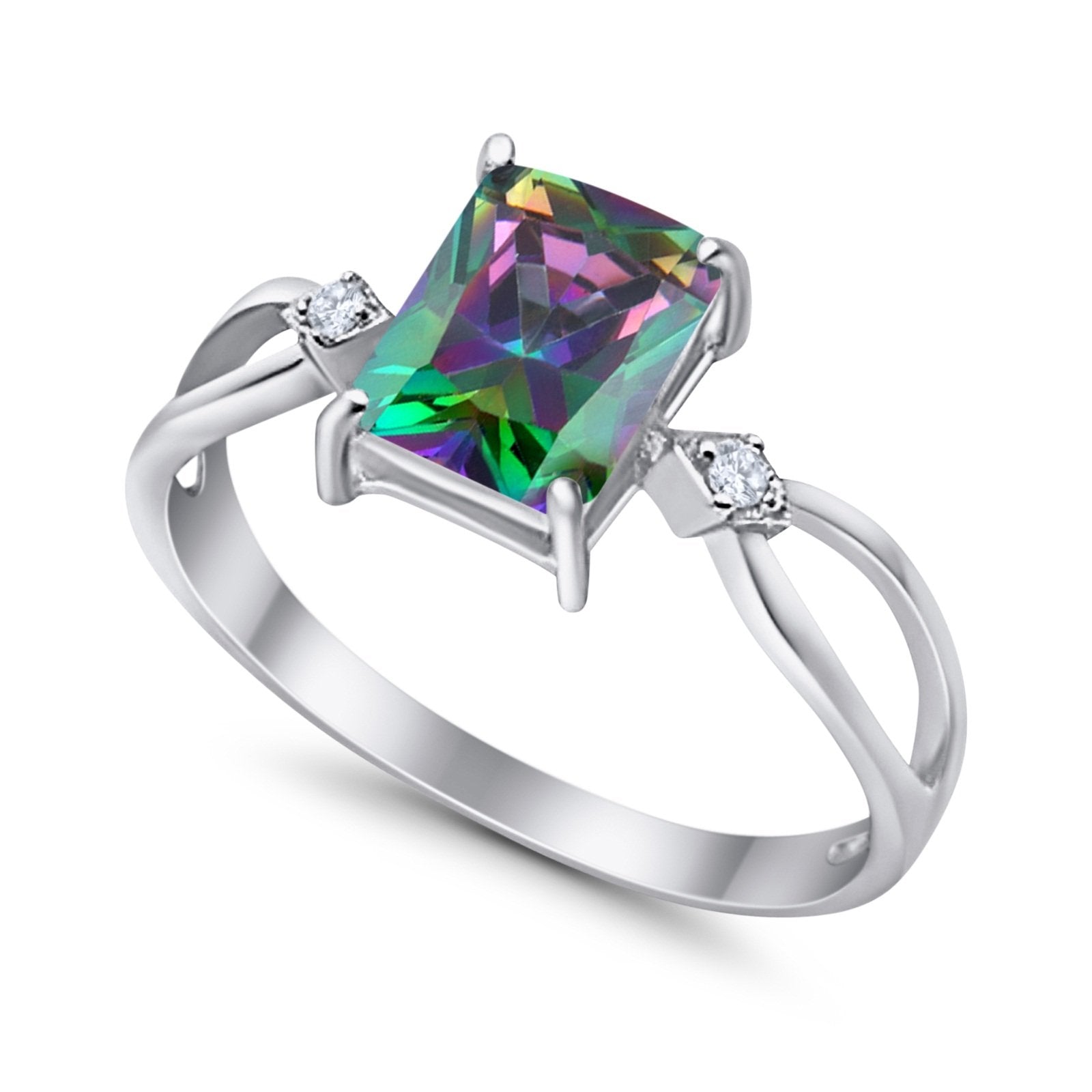 Halo Wedding Ring Baguette Round Simulated Cubic Zirconia 925 Sterling Silver