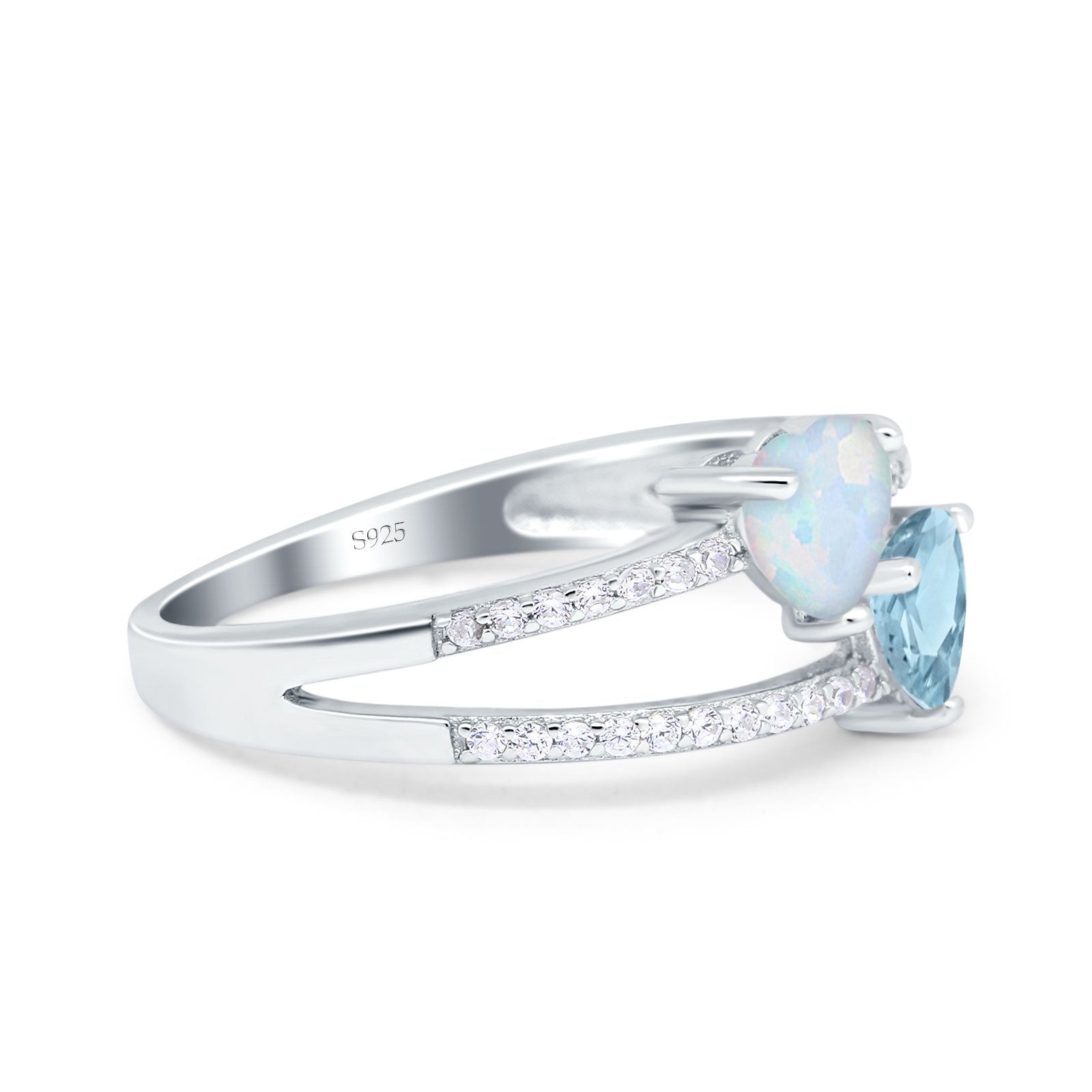 Heart Promise Ring Double Heart Created White Opal Round Simulated Cubic Zirconia 925 Sterling Silver