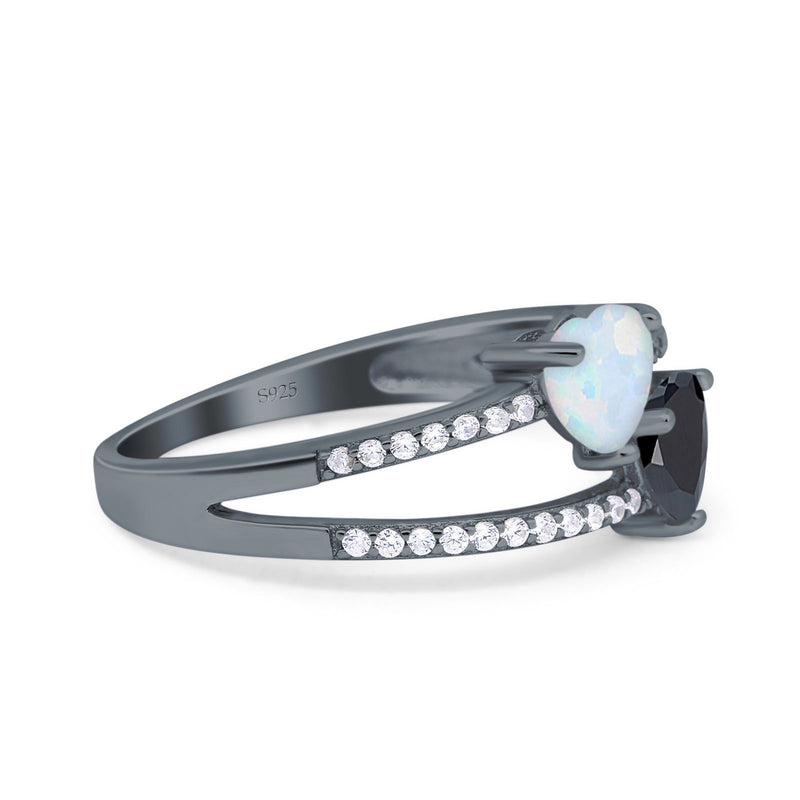 Heart Promise Ring Double Heart Created White Opal Round Simulated Cubic Zirconia 925 Sterling Silver