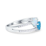 Heart Promise Ring Double Heart Created White Opal Round Simulated Cubic Zirconia 925 Sterling Silver