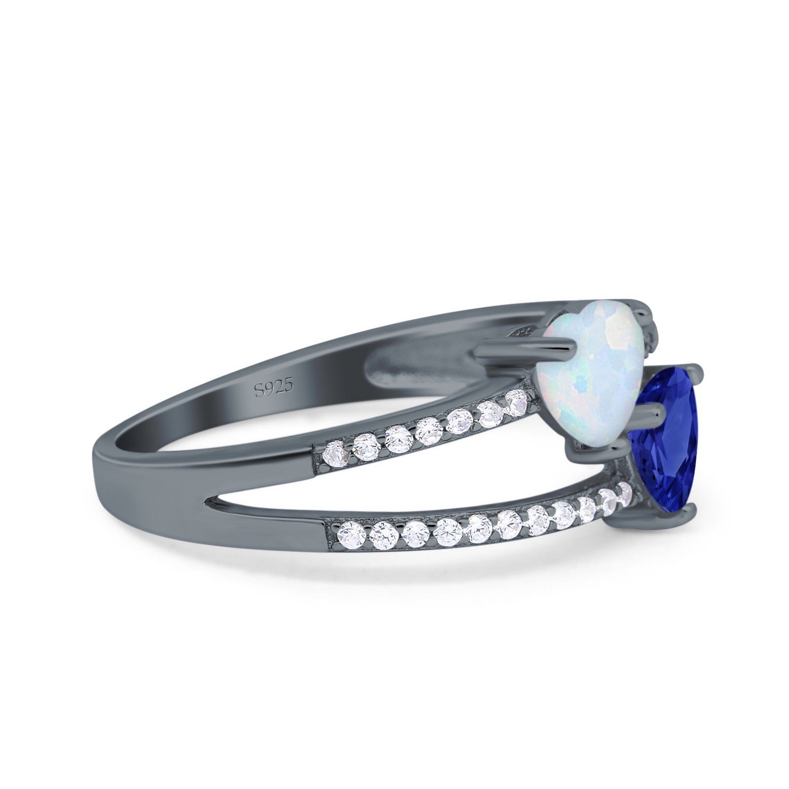 Heart Promise Ring Double Heart Created White Opal Round Simulated Cubic Zirconia 925 Sterling Silver