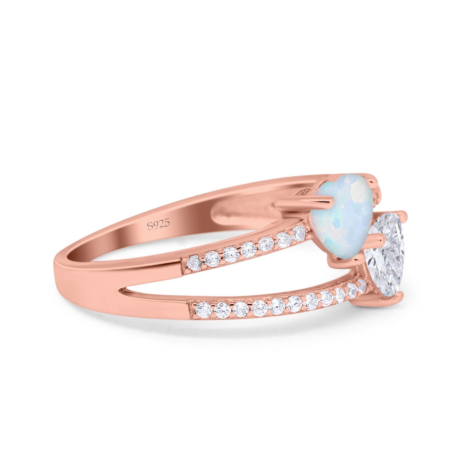 Heart Promise Ring Double Heart Created White Opal Round Simulated Cubic Zirconia 925 Sterling Silver
