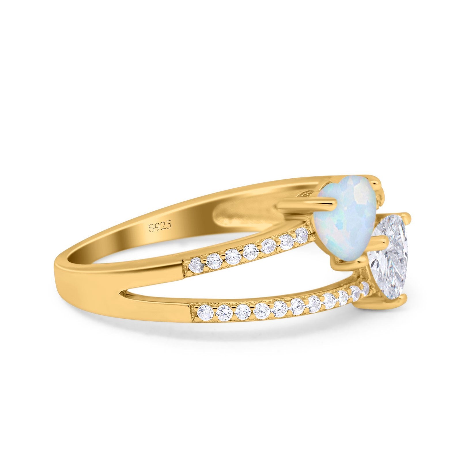 Heart Promise Ring Double Heart Created White Opal Round Simulated Cubic Zirconia 925 Sterling Silver