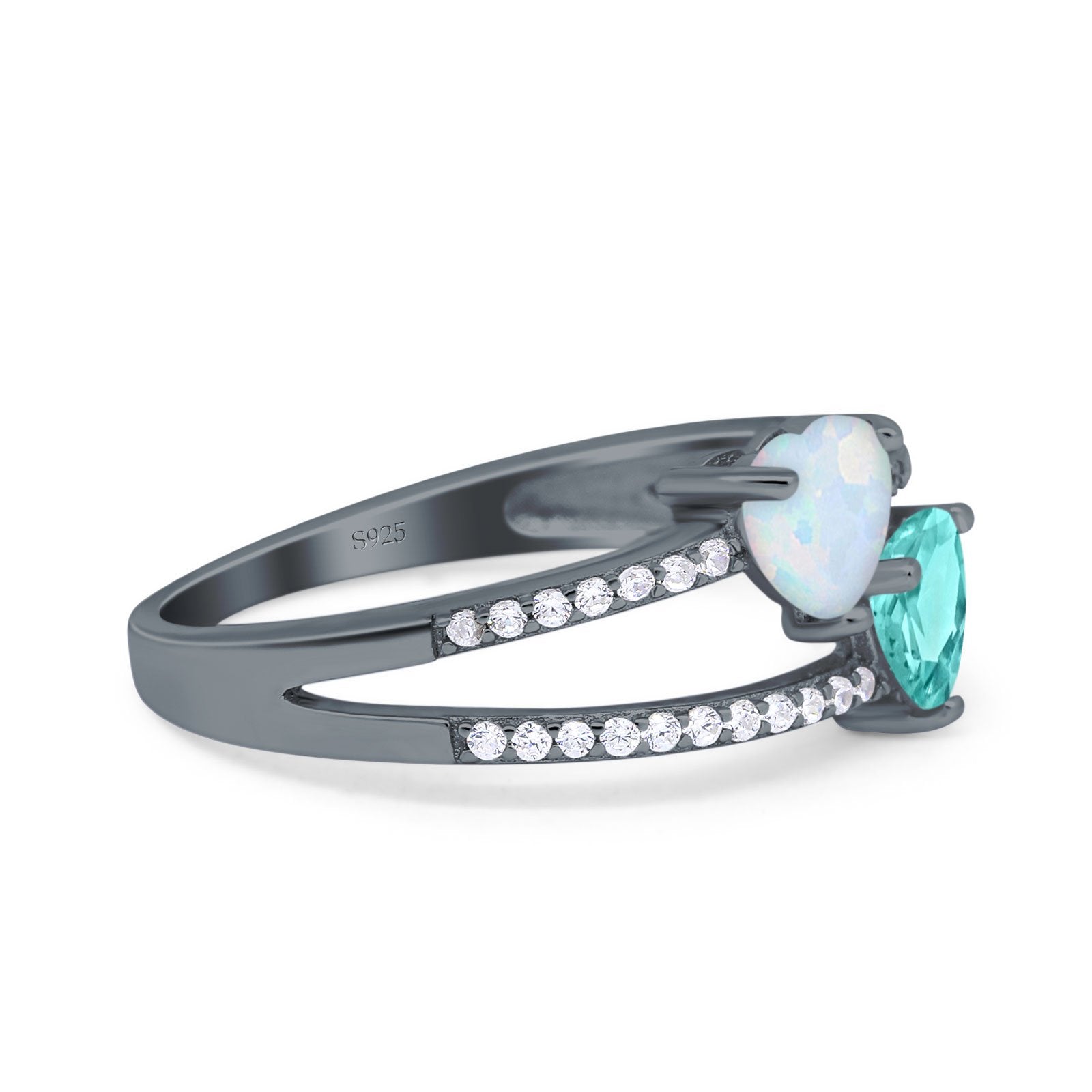 Heart Promise Ring Double Heart Created White Opal Round Simulated Cubic Zirconia 925 Sterling Silver