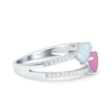 Heart Promise Ring Double Heart Created White Opal Round Simulated Cubic Zirconia 925 Sterling Silver