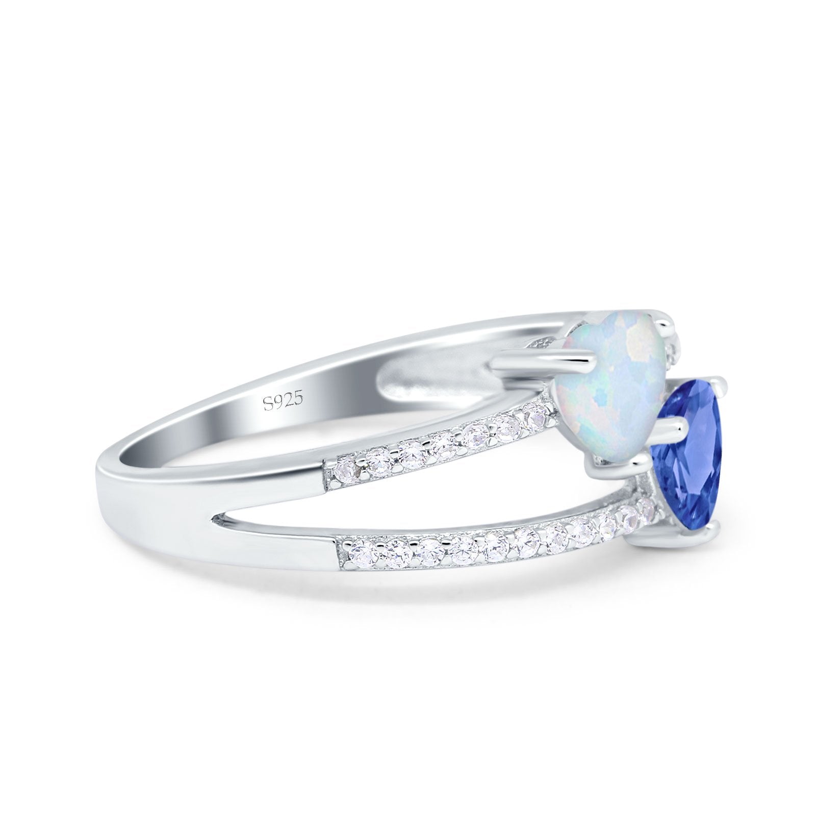 Heart Promise Ring Double Heart Created White Opal Round Simulated Cubic Zirconia 925 Sterling Silver