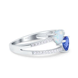 Heart Promise Ring Double Heart Created White Opal Round Simulated Cubic Zirconia 925 Sterling Silver