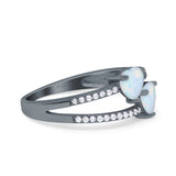 Heart Promise Ring Double Heart Created White Opal Round Simulated Cubic Zirconia 925 Sterling Silver