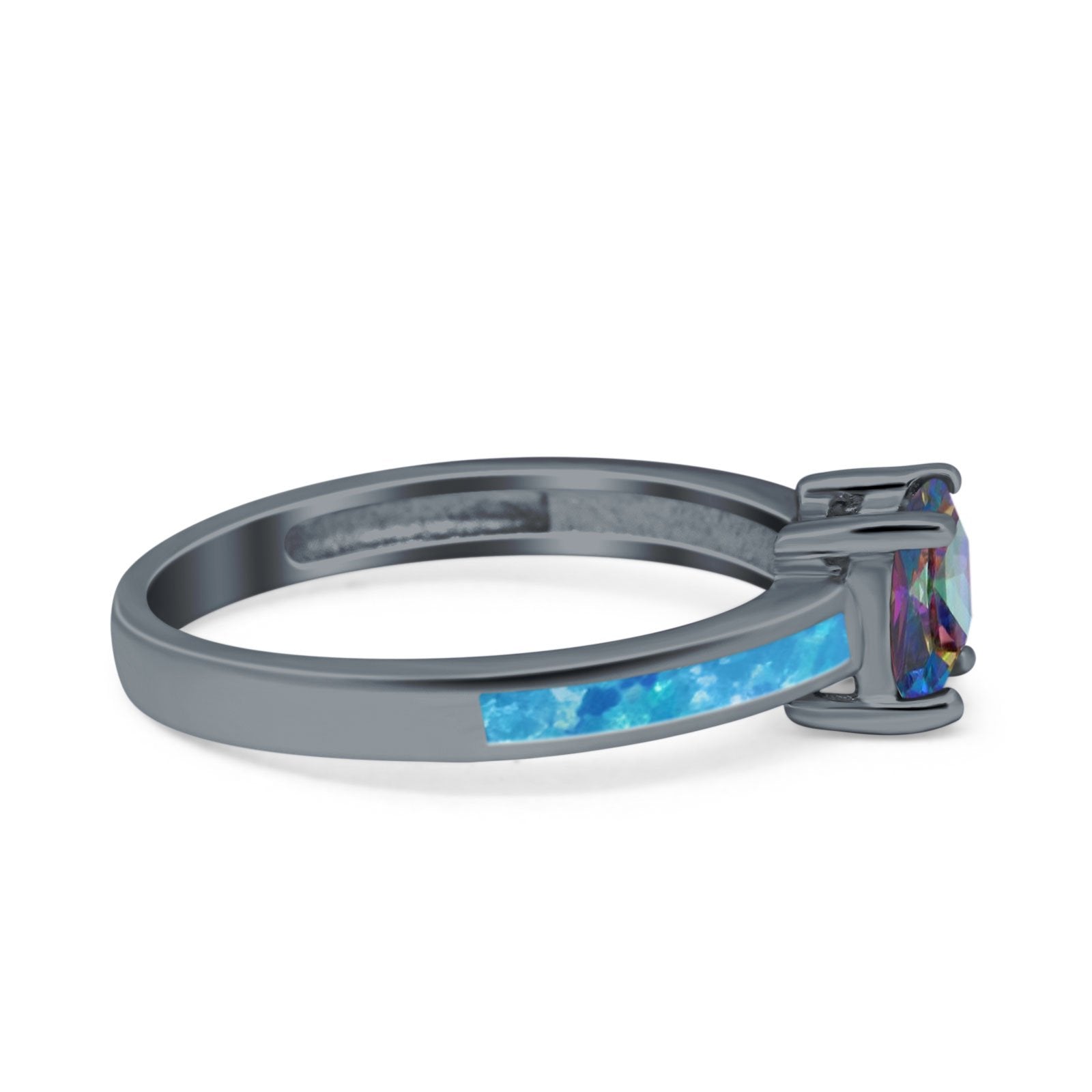 Solitaire Accent Fashion Ring Princess Cut Simulated Cubic Zirconia Created Opal 925 Sterling Silver