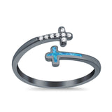 Cross Ring Sideways Round Eternity Simulated CZ Lab Opal 925 Sterling Silver