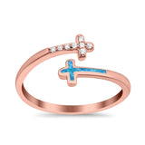 Cross Ring Sideways Round Eternity Simulated CZ Lab Opal 925 Sterling Silver