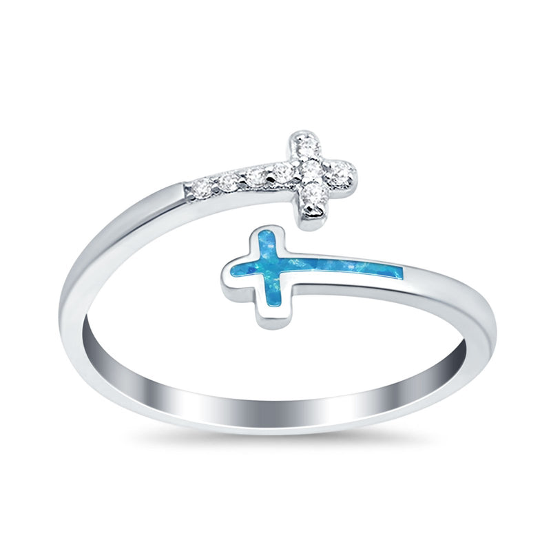 Cross Ring Sideways Round Eternity Simulated CZ Lab Opal 925 Sterling Silver