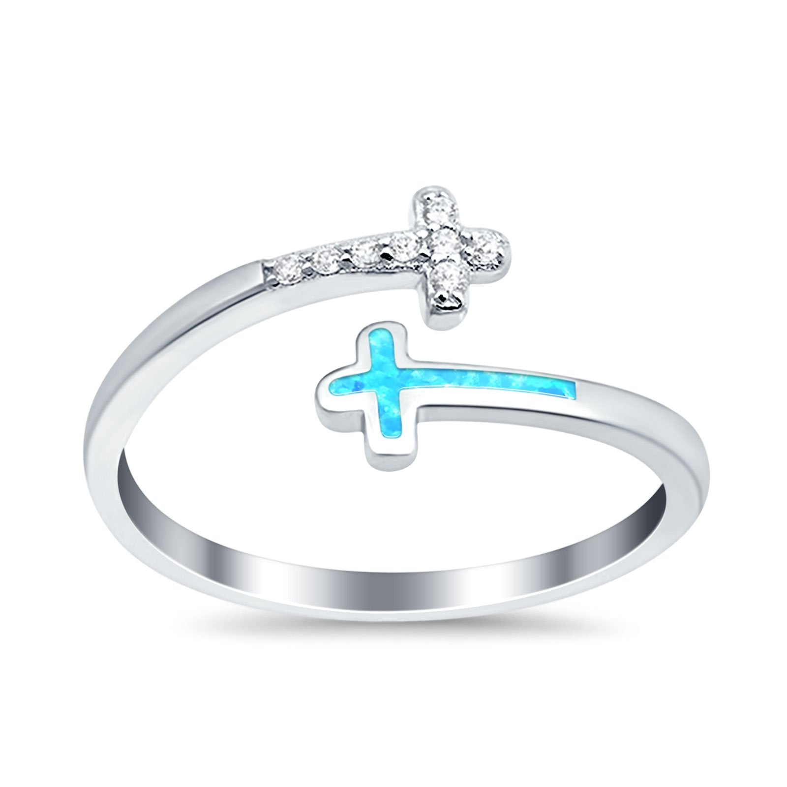 Cross Ring Sideways Round Eternity Simulated CZ Lab Opal 925 Sterling Silver
