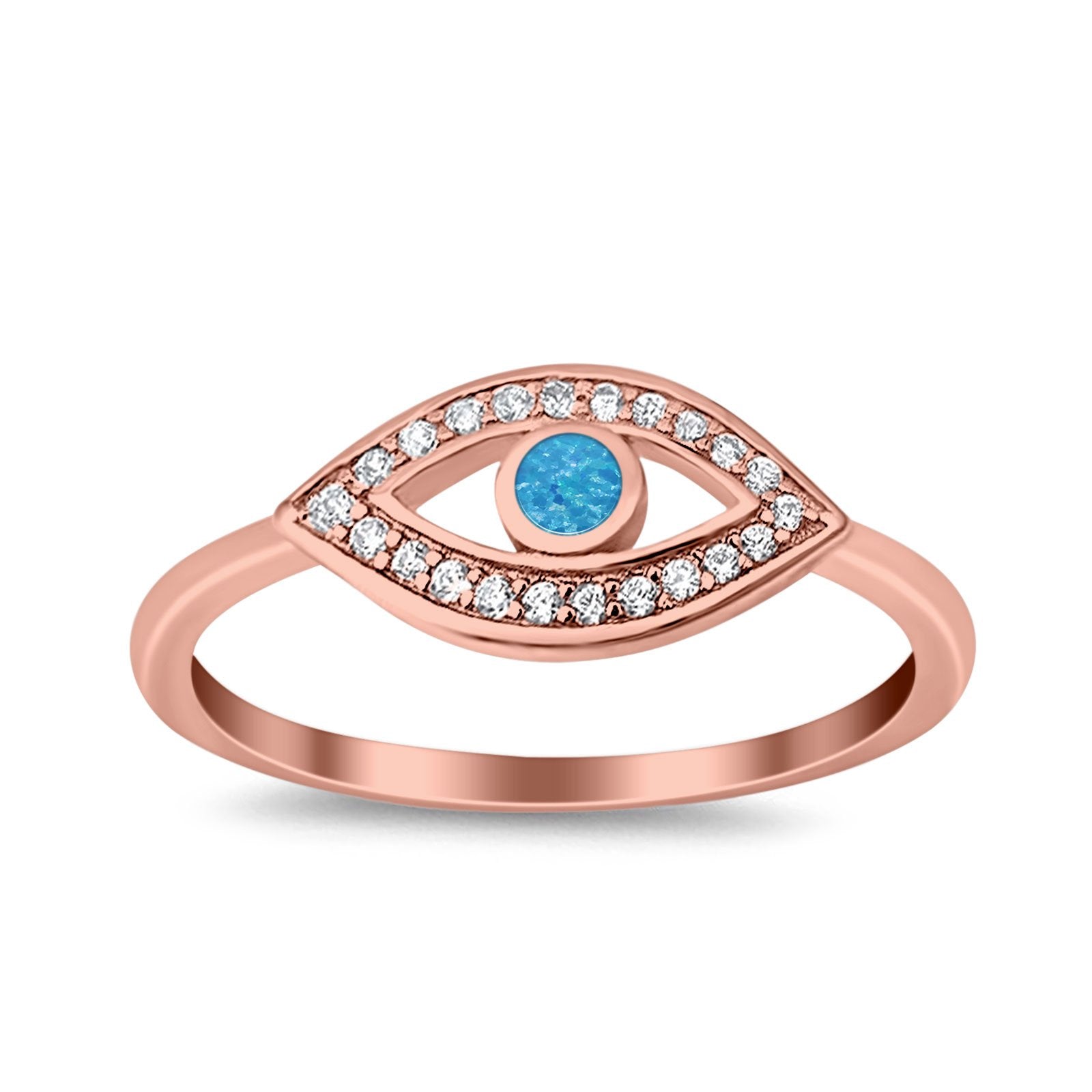 Evil Eye Ring Round Lab Opal Simulated Cubic Zirconia 925 Sterling Silver