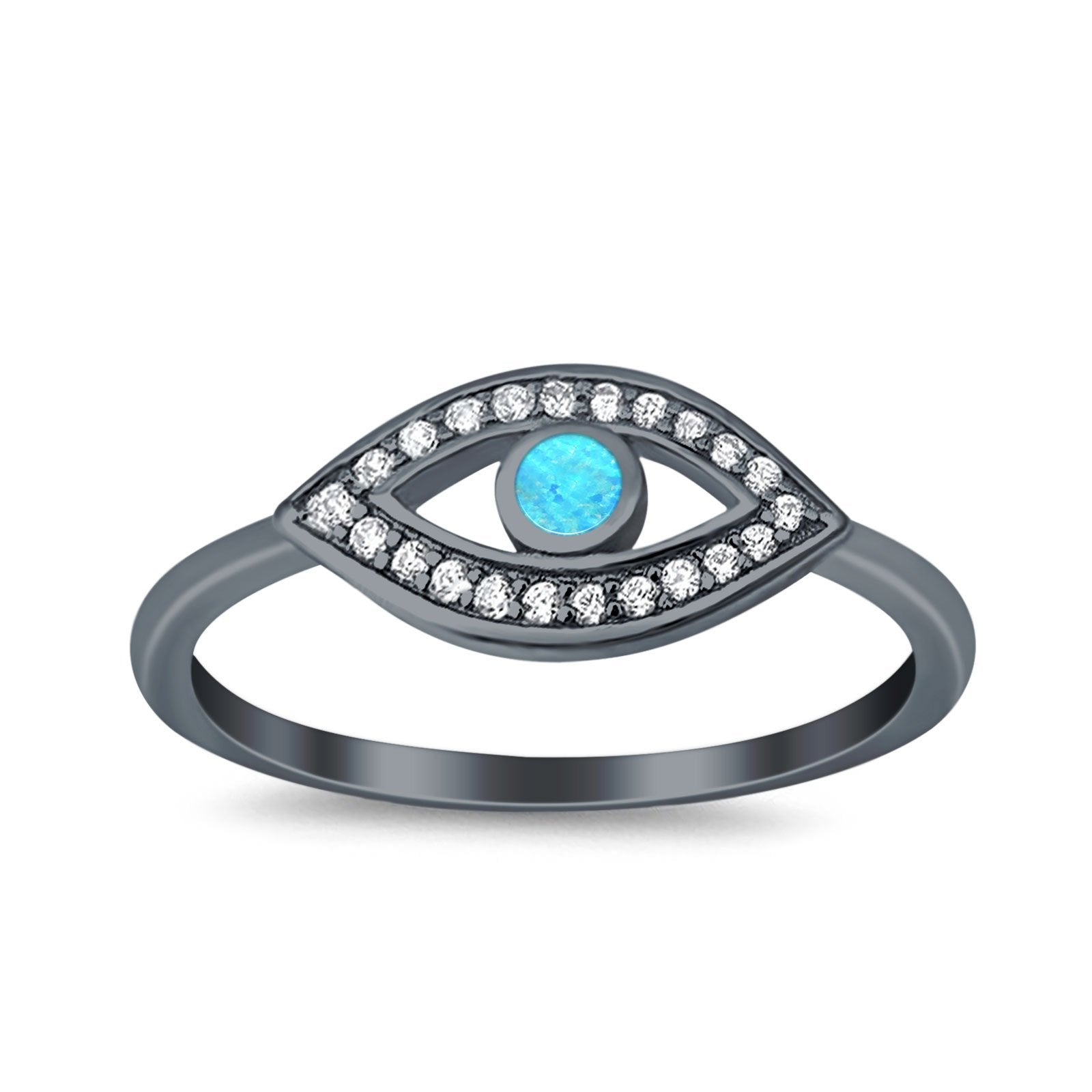 Evil Eye Ring Round Lab Opal Simulated Cubic Zirconia 925 Sterling Silver
