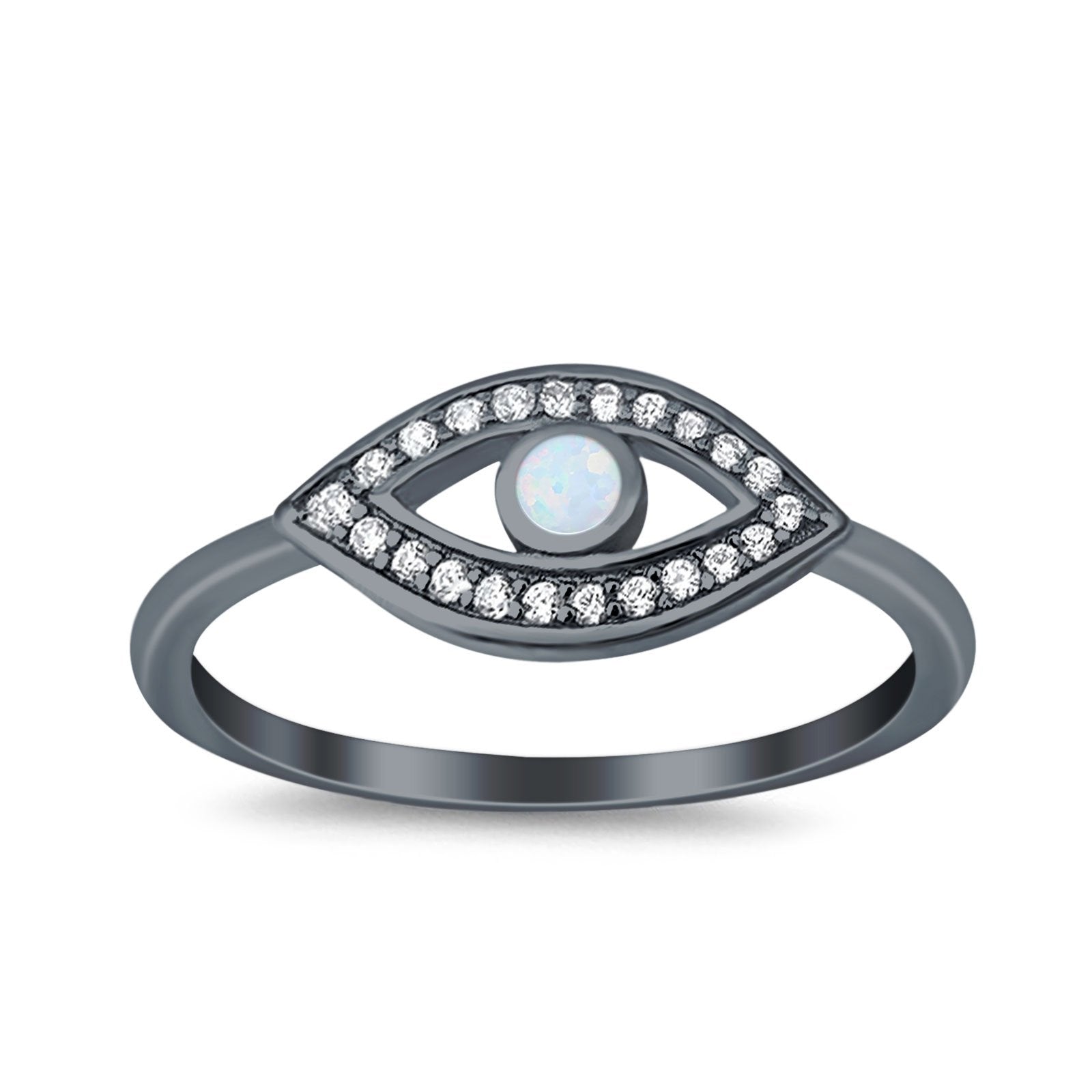 Evil Eye Ring Round Lab Opal Simulated Cubic Zirconia 925 Sterling Silver