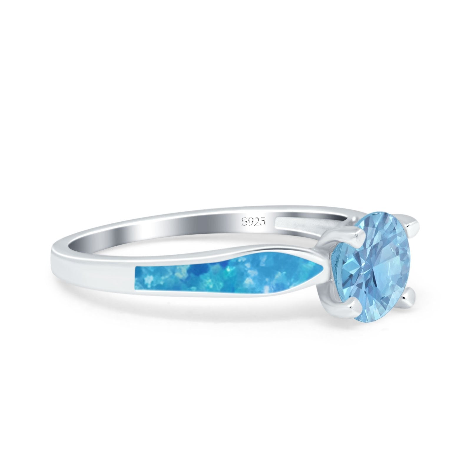 Solitaire Accent Engagement Ring Created Blue Opal Round Simulated Cubic Zirconia 925 Sterling Silver
